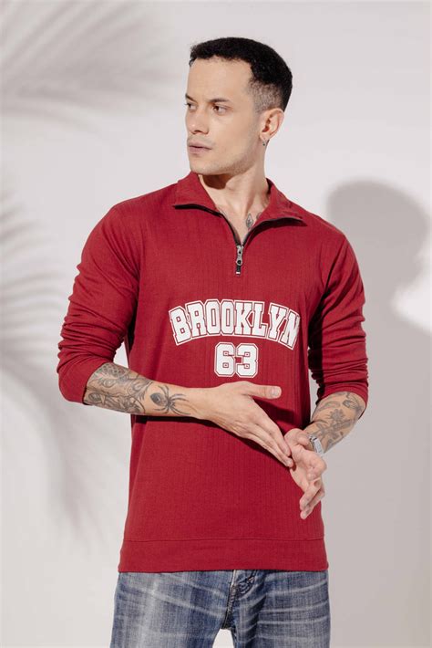Maroon Cotton "BROOKLYN" Full Sleeve Zipper T-Shirt – Gritstones