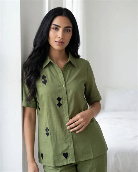 Buy Green Color Shirt Collar Cotton Co-Ords Set For Women Online @ Best ...