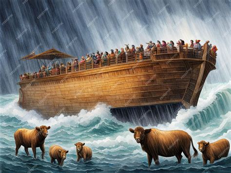 El arca de Noé en medio de la lluvia torrencial durante el diluvio ...