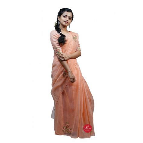 Light Peach Kota Saree with Floral Embroidery – ALIKA FASHION STORE