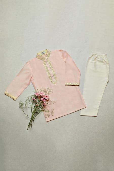 Buy Pink Kurta - Chanderi Silk Embroidered Resham Mandarin Collar Set ...