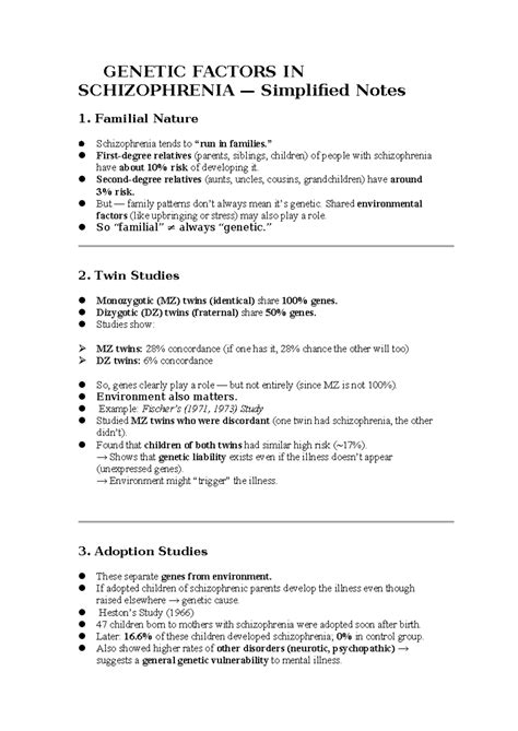 GEN 101: Genetic Factors in Schizophrenia - Simplified Notes - Studocu