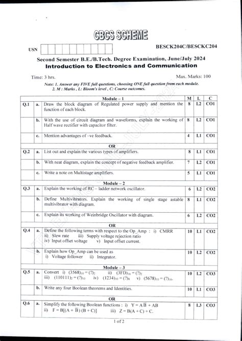 Introduction to Electronics and Communication - BESCK104C Exam Paper ...