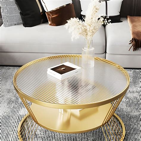 Contemporary Round Glass Cocktail Table with 2 Tiers and Metal Frame ...
