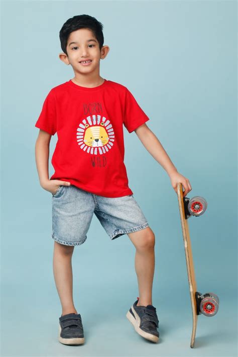 Knitting Doodles Pure cotton Boys' Red t-shirt with Born to be wild pr ...