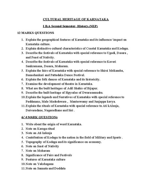 Question Bank - CULTURAL HERITAGE OF KARNATAKA I B Second Semester ...