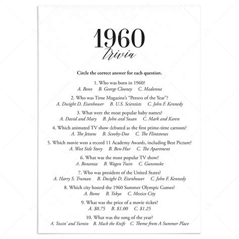 1960's Trivia Questions And Answers Printable | Fanny Printable