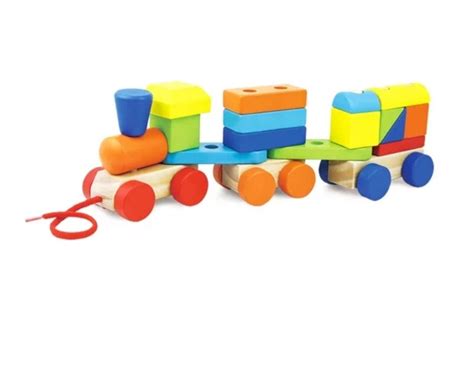 Buy VIVI Wooden Toy Preschool Wooden Geometric Blocks Train, Shape and ...