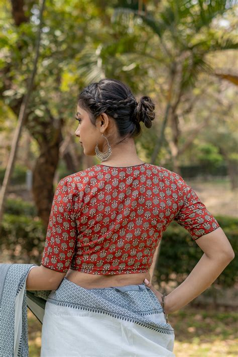 Red bagru handblock booti round neck cotton blouse with black piping