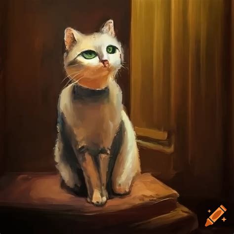 Painting of a cat sitting on a doorstep