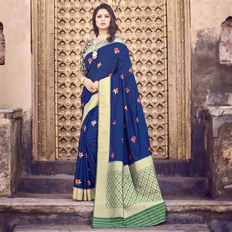 Navy Blue And Red Floral Pattern Zari Jacquard Bordered Art Tussar Sil ...