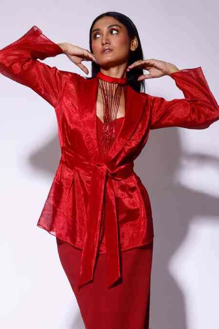 Buy Red Tissue Organza Silk Plain Collar Full Sleeve Wrap Top For Women ...