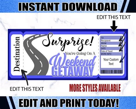 Buy Printable, Editable, Downloadable, Vacation Ticket, Weekend Getaway ...