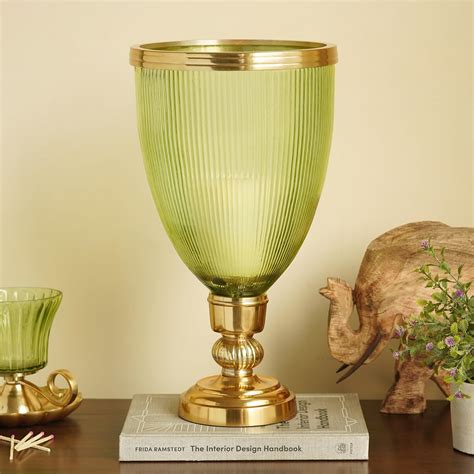 Buy Pure Home + Living Green Ribbed Tall Glass Hurricane with Stand ...