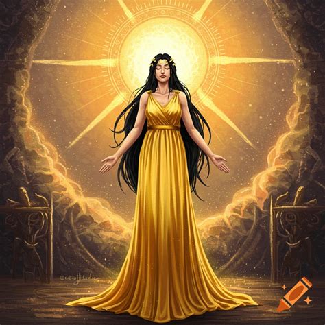Greek goddess mother of healing with long black hair in yellow dress ...