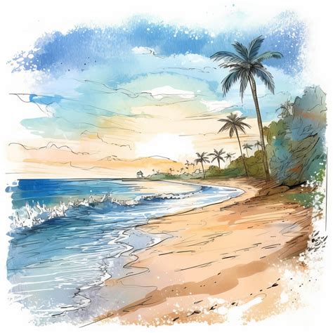 Premium AI Image | Watercolor Beach Sunset Drawing With Palm Trees And Sea