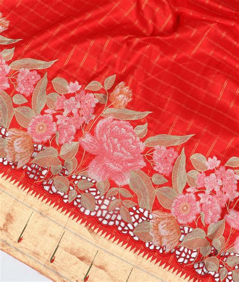 Buy Red Handwoven Kanjivaram Silk Cutwork Embroidery Saree With Paithani B