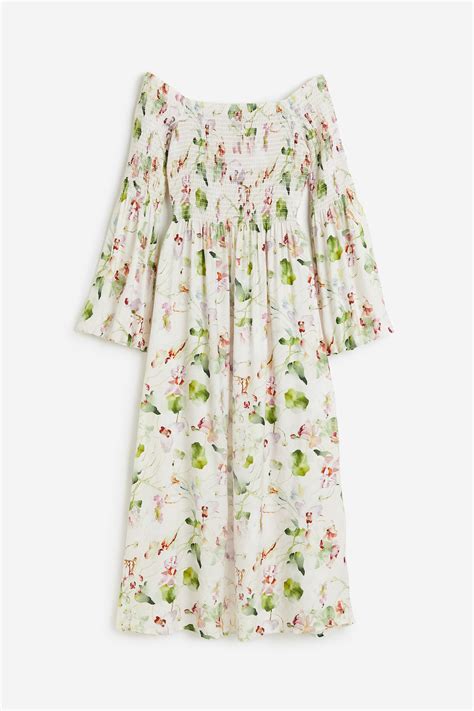 Smock-topped dress - Cream/Floral - Ladies | H&M IN