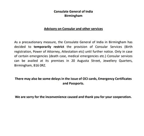 Advisory on Consular and other services :: Consulate General of India ...