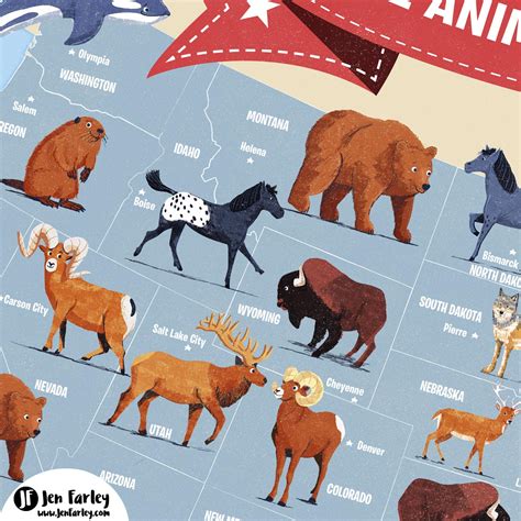 State Animals Of The USA Map Print - Blue Version | Jennifer Farley ...