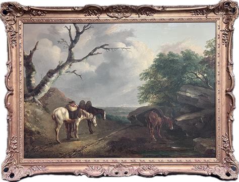 Huge 1800's English Oil Painting Man with Horses Resting Panoramic Country View For Sale at ...