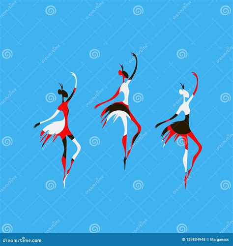 Three Festive Ballerinas Dancers in Dresses with Abstract Pattern Silhouettes Logo Symbols ...