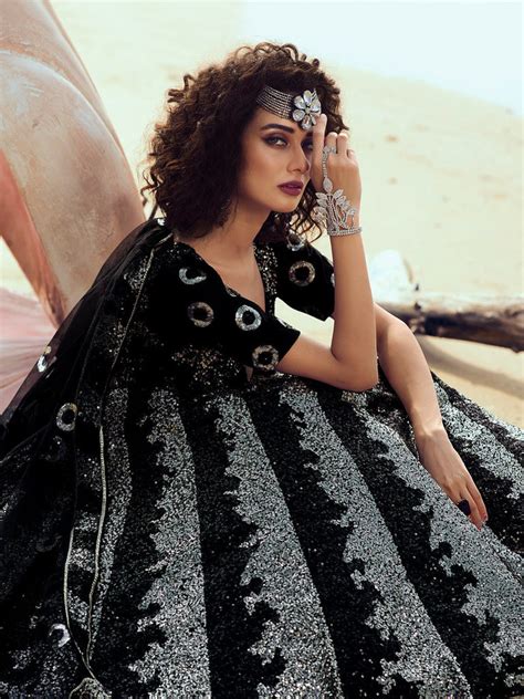 Designer Black Sequins Semi Stitched Lehenga with Unstitched
