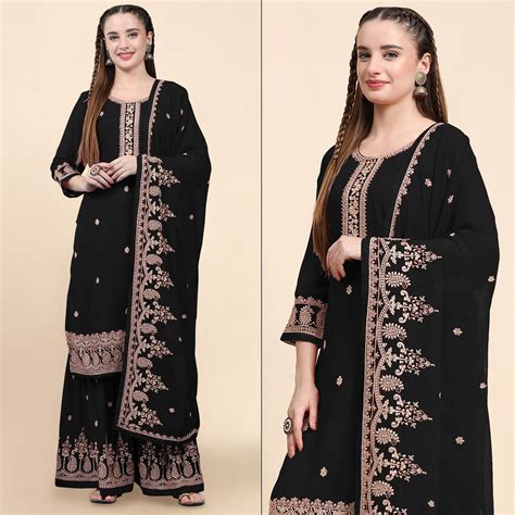 Black Floral Embroidered Georgette Semi Stitched Suit