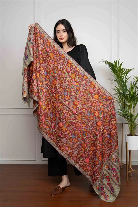 Red Chinaar Patta Jaal Handwork Pashmina Kalamkari Stole