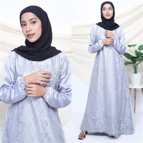 Jual Gamis Brukat Seragaman Dress Brokat Tile Kombinasi Satin Warna Abu ...