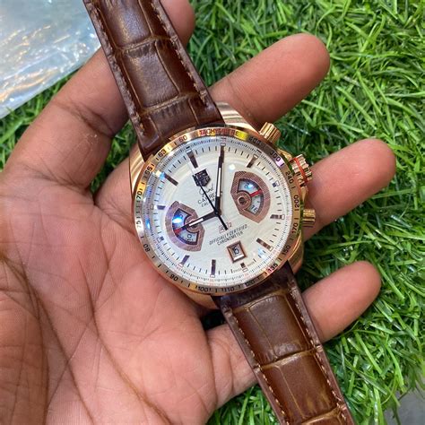 Tag Gat Brown Leather Strap White Dial Chrono Watch for Men – Luxury D ...