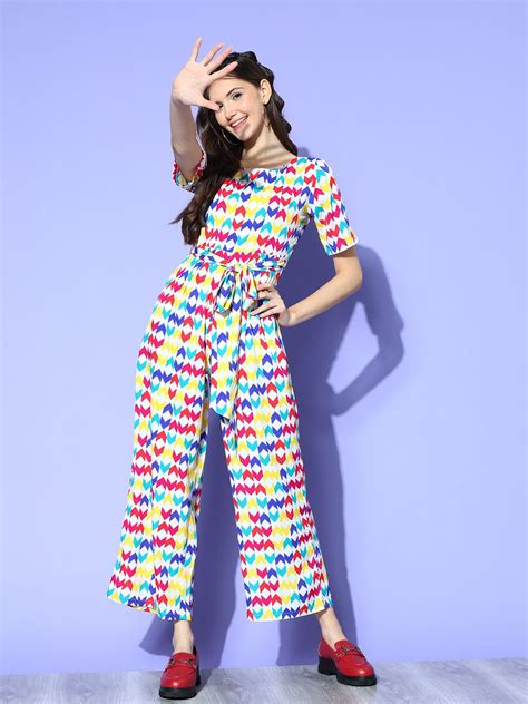 Women White & Multicolour Geometric Printed Round Neck Tie-Up Waist ...