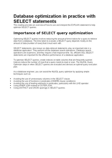 Selectstatementsoptimization - Database optimization in practice with ...