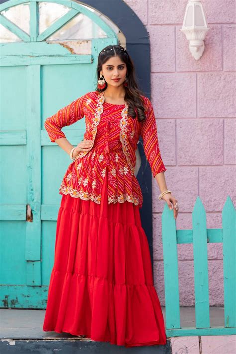 Buy Elegant Bandhej Crop Top Lehenga & Jacket Set – A Perfect Fusion of ...
