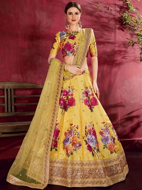 ⚡️Buy Yellow Floral Printed Banglori Silk Bridal Lehenga Choli With ...