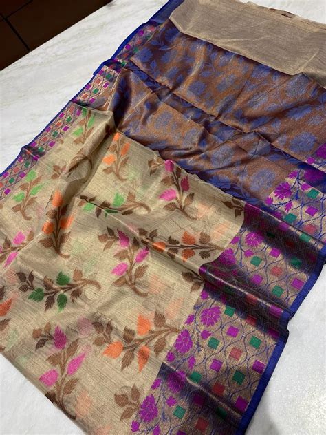Banarasi Khadi Cotton and Brocade Blouse on Saree – www.vannamayil.com