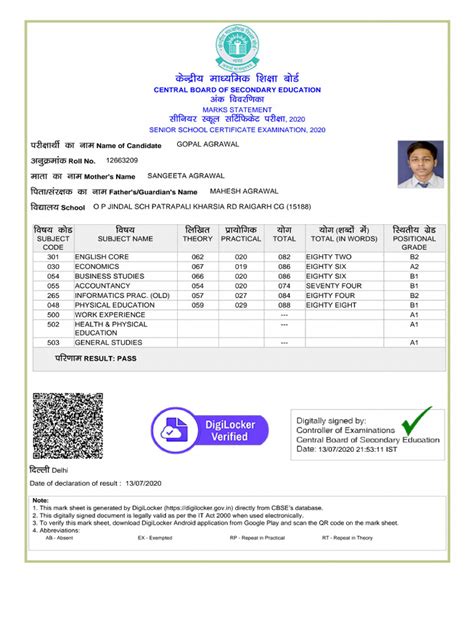 Image result for CBSE Class 12th Marksheet Science Student