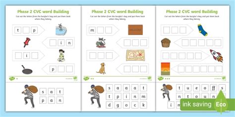 Phase 2 CVC Word Building EYFS English Worksheets (PDF)
