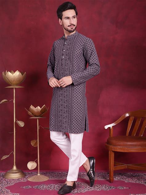 Men's Chikankari Embroidered Kurta Pyjama Set ( JOKP 5021 Grey ...