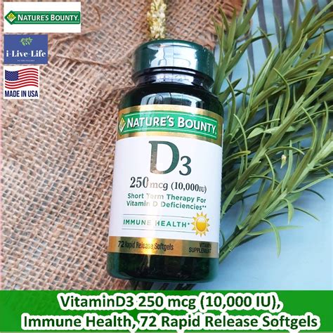 Vitamin D3 D3 250 mcg (10 000 IU) 72 Rapid Release Softgels-Nature's ...