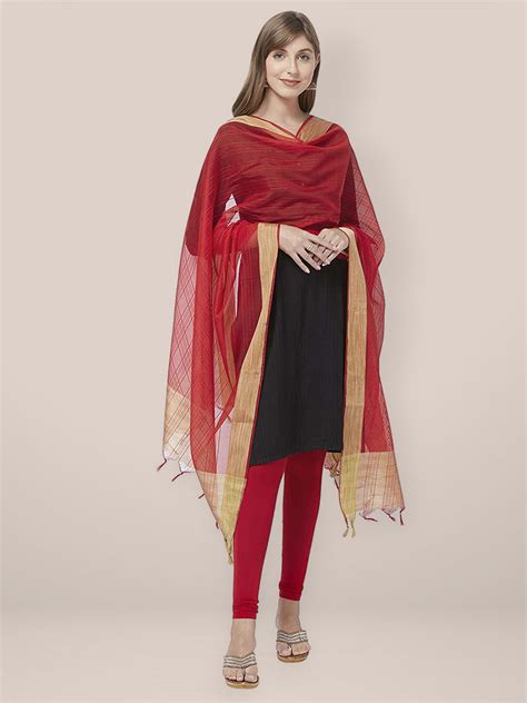 Red Cotton Silk Dupatta with Gold Border. Dupatta Bazaar