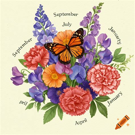 Bouquet of birth month flowers (September, July, April, January) with ...