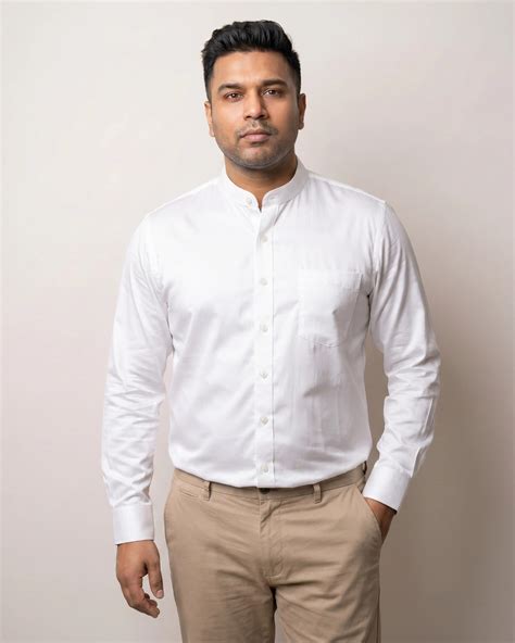 Pure White Satin Mandarin Collar Cotton Shirt – Thestiffcollar.com