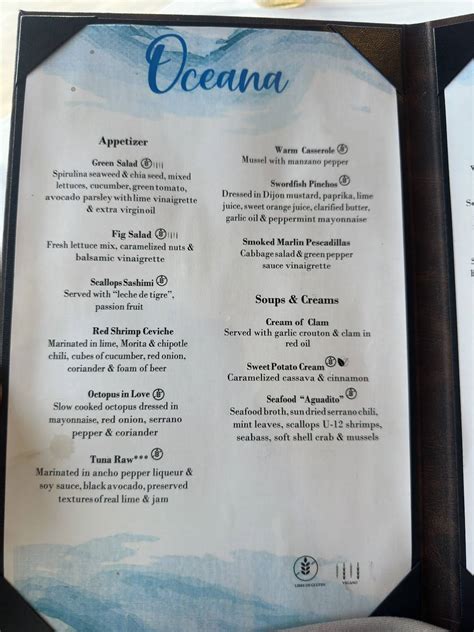Menu at Oceana restaurant, Akumal