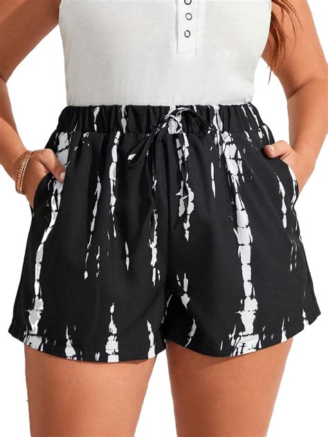 Casual Tie Dye Wide Leg Black and White Plus Size Womens Shorts (Women ...