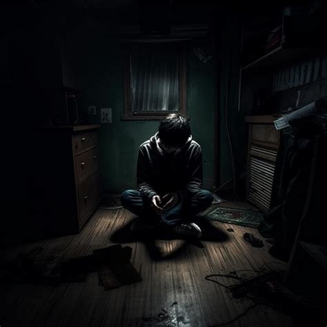 Horror illustration of a boy and shadow monster hiding in the darkness ...