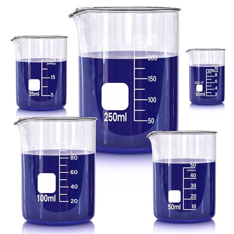 Glass Beakers Set, 5 Sizes - 10ml, 25ml, 50ml, 100ml, 250ml, 3.3 ...