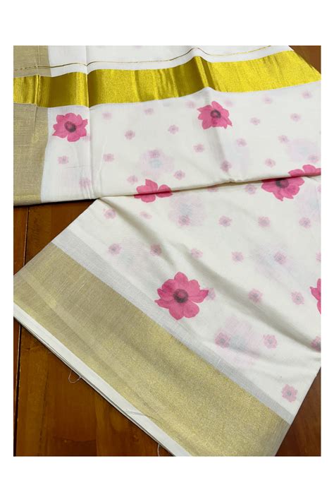 Southloom Exclusive Onam Kasavu Saree with Small Pink Floral High Qual ...
