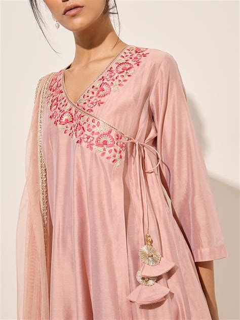 Buy Vark Peach Floral Embroidered Anarkali Kurta, Inner, Palazzos and ...