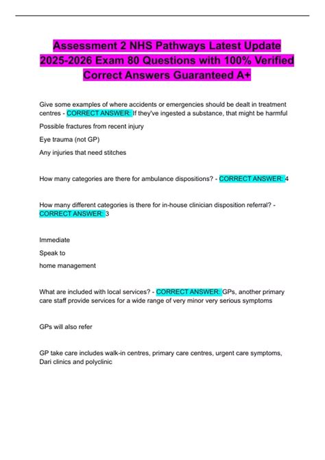 Assessment 2 NHS Pathways Latest Update Exam 80 Questions with 100% ...